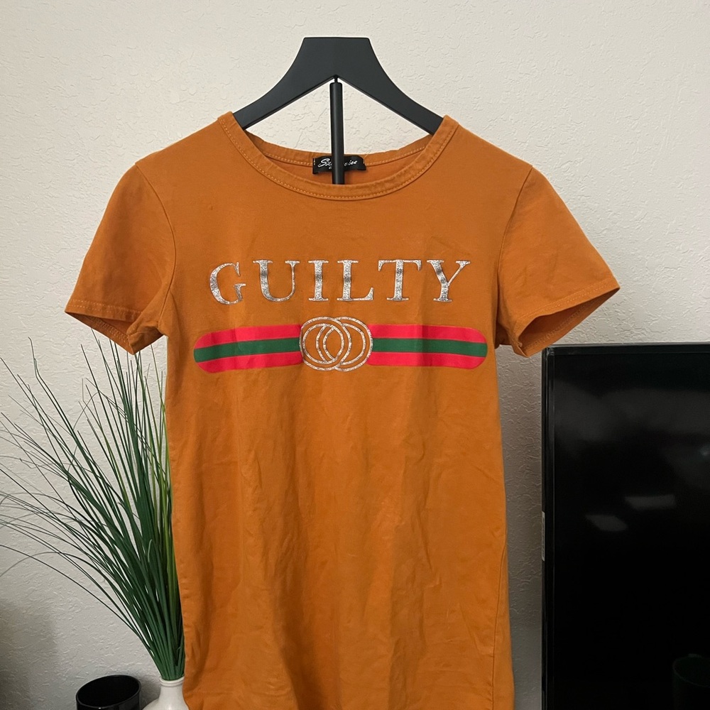 Orange Graphic Tee with Gucci Like Silver and Green Accents